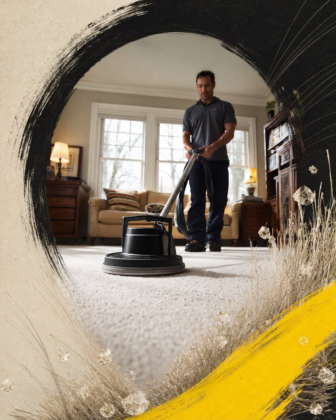 Carpet cleaning technician using a low-moisture floor machine in a Seattle home
